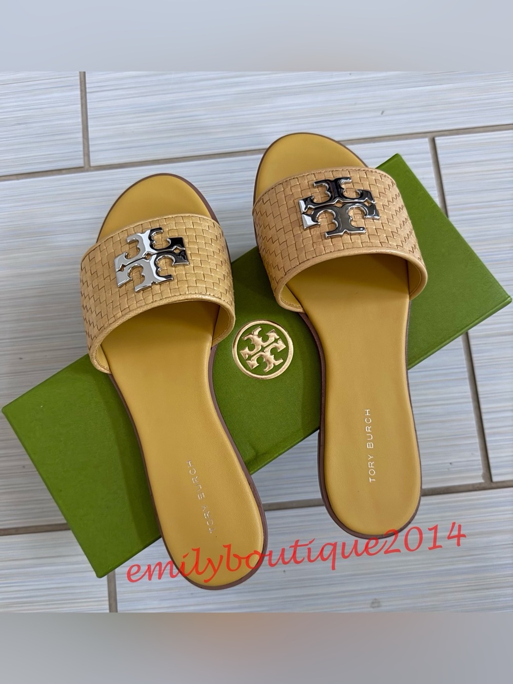 Tory Burch 7.5 Everly Slide Tropic Mesh Leather Sandals Deep Sunflower 180590